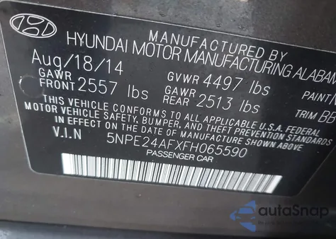 2015 Hyundai Sonata Se из США, поврежденный, VIN 5NPE24AFXFH065590
